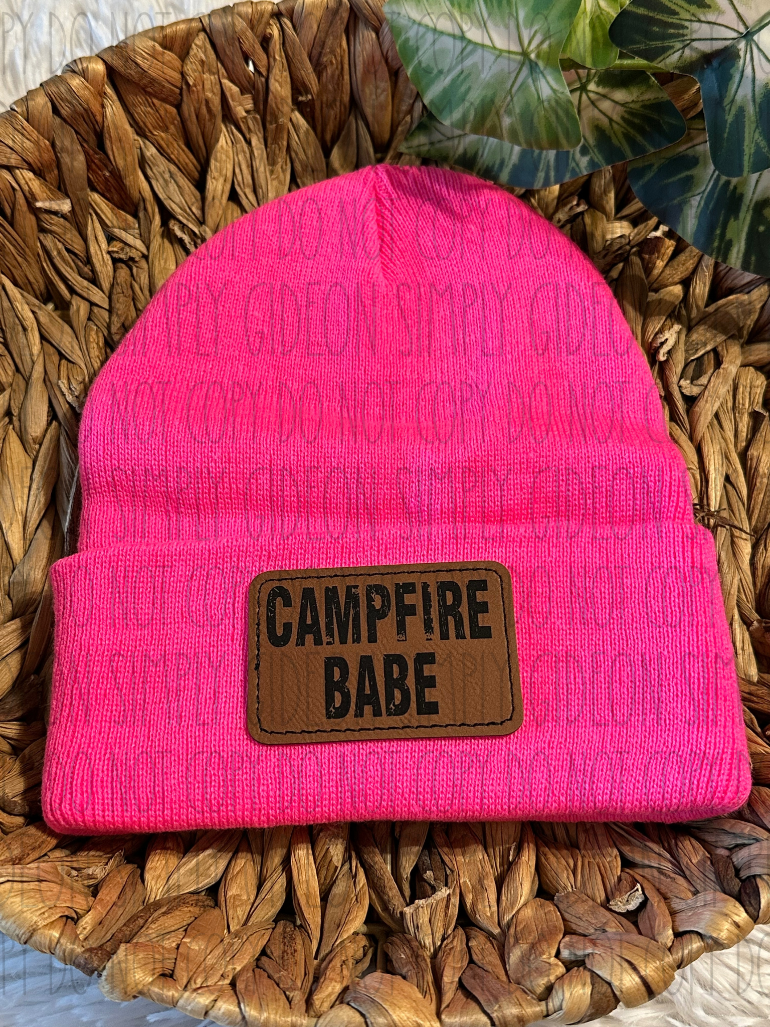 Neon Pink Beanie with laser engraved campfire babe patch
