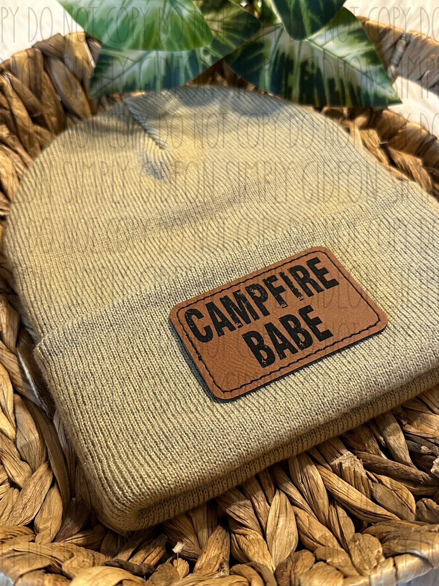 Tan Beanie with laser engraved campfire babe patch
