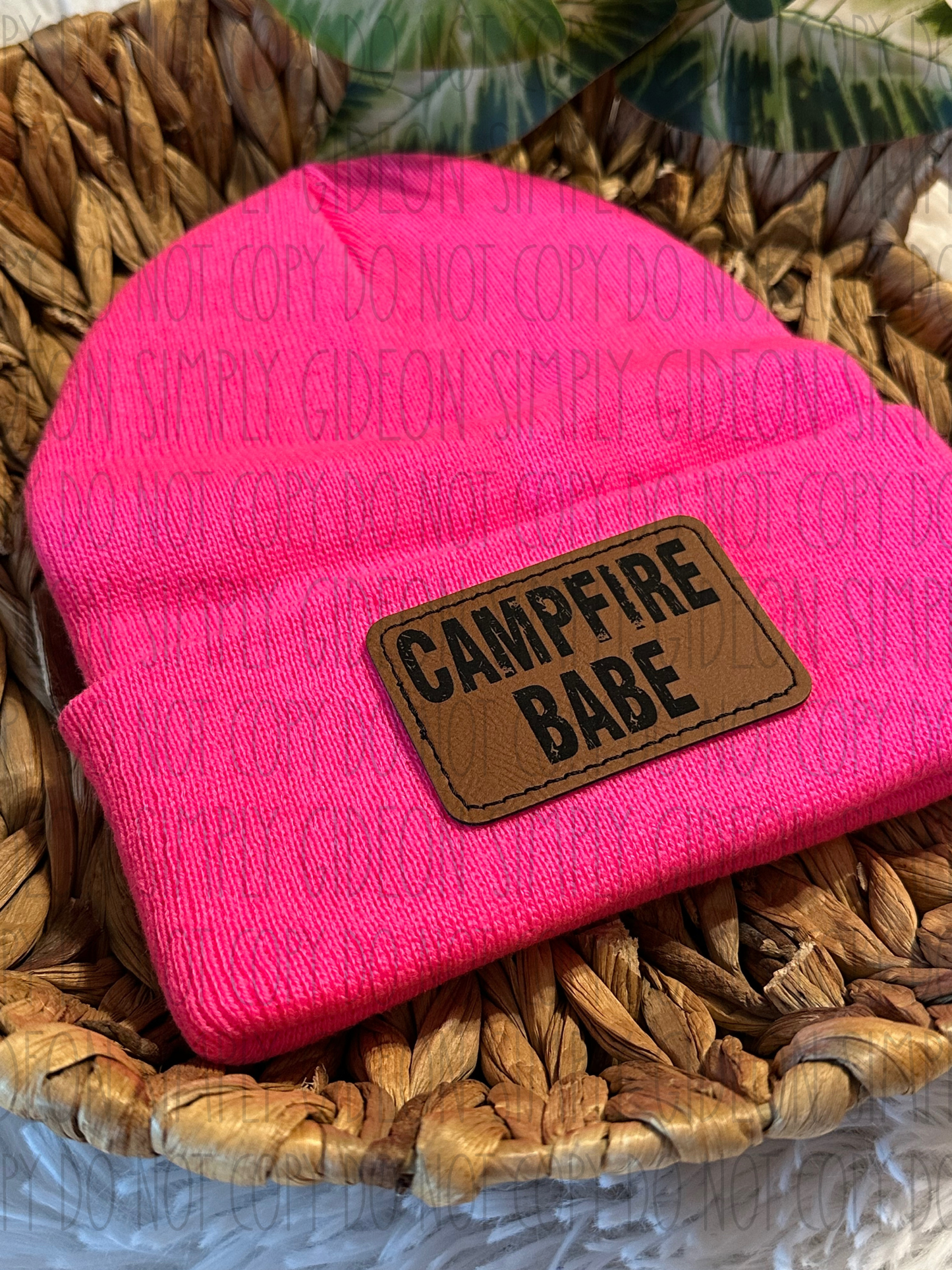 Neon Pink Beanie with laser engraved campfire babe patch
