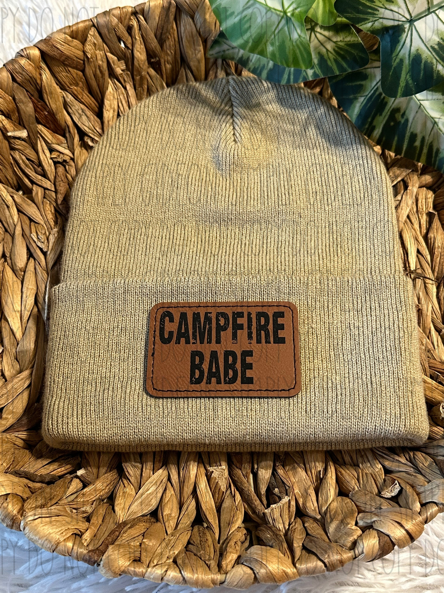 Tan Beanie with laser engraved campfire babe patch