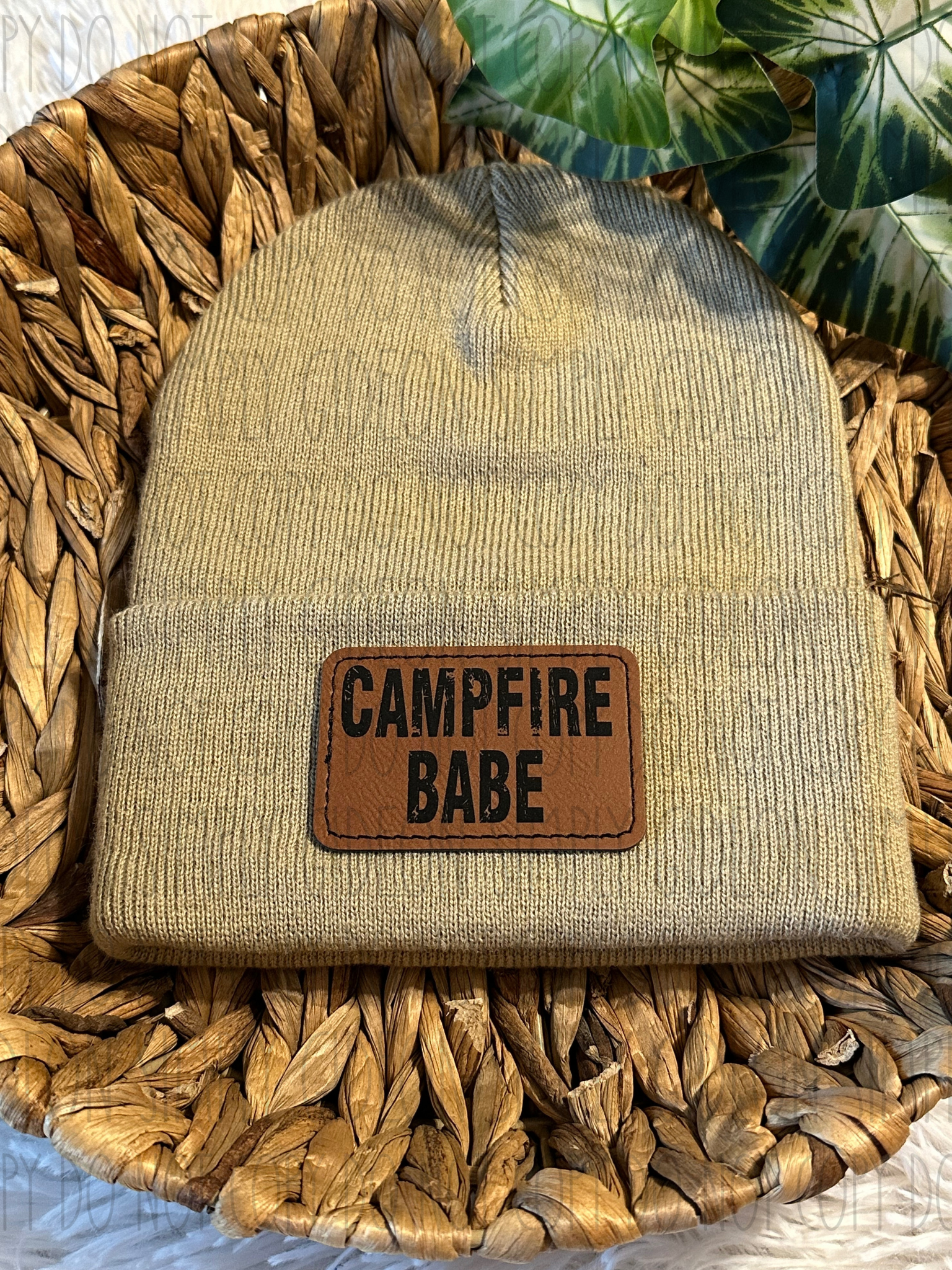 Tan Beanie with laser engraved campfire babe patch